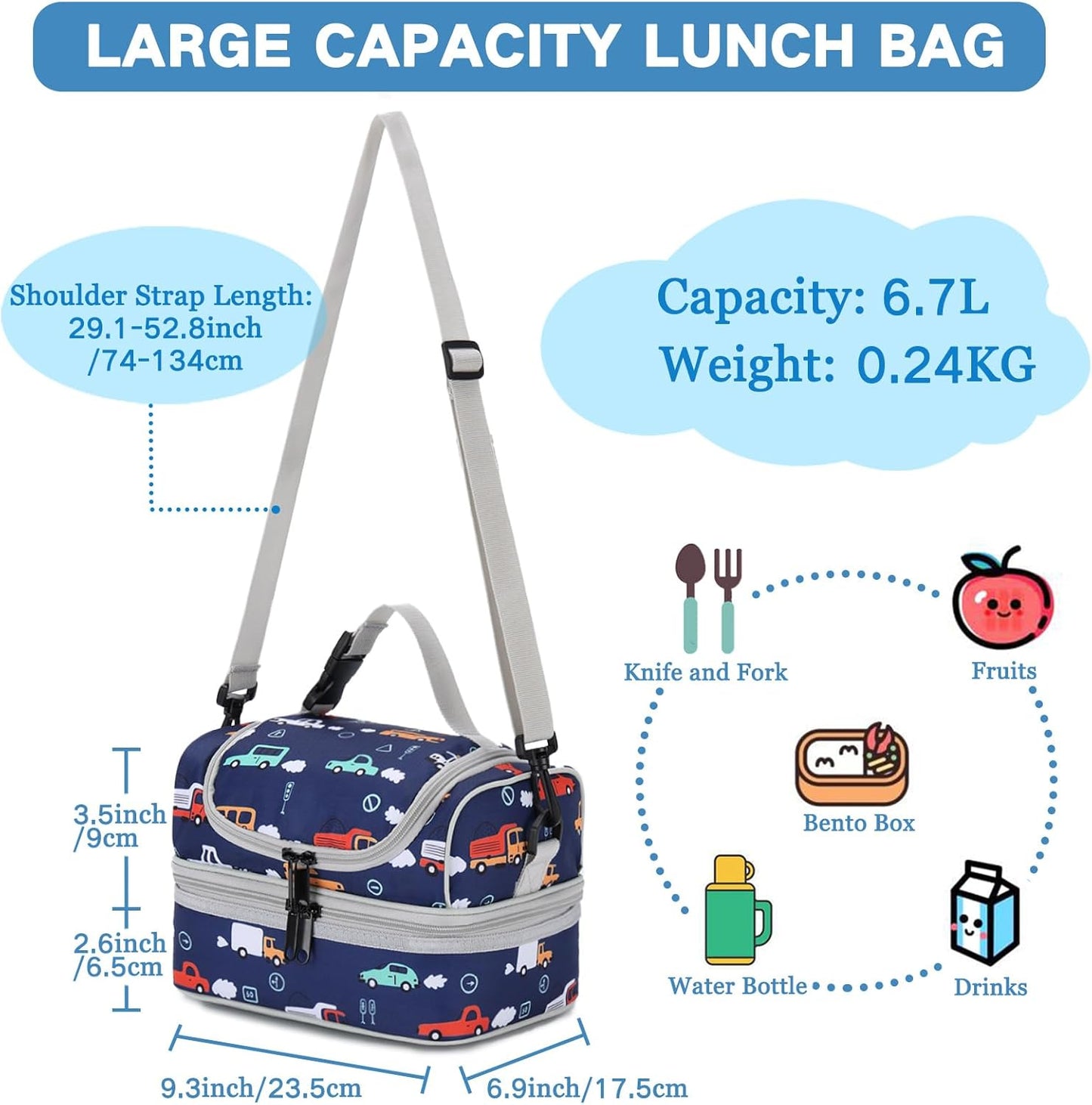 VASCHY Lunch Box Bag Men, Insulated Two Compartments Bento Cooler Bags for Adults/Women/Kids for School,Daycare,Kindergarten,Picnic Black