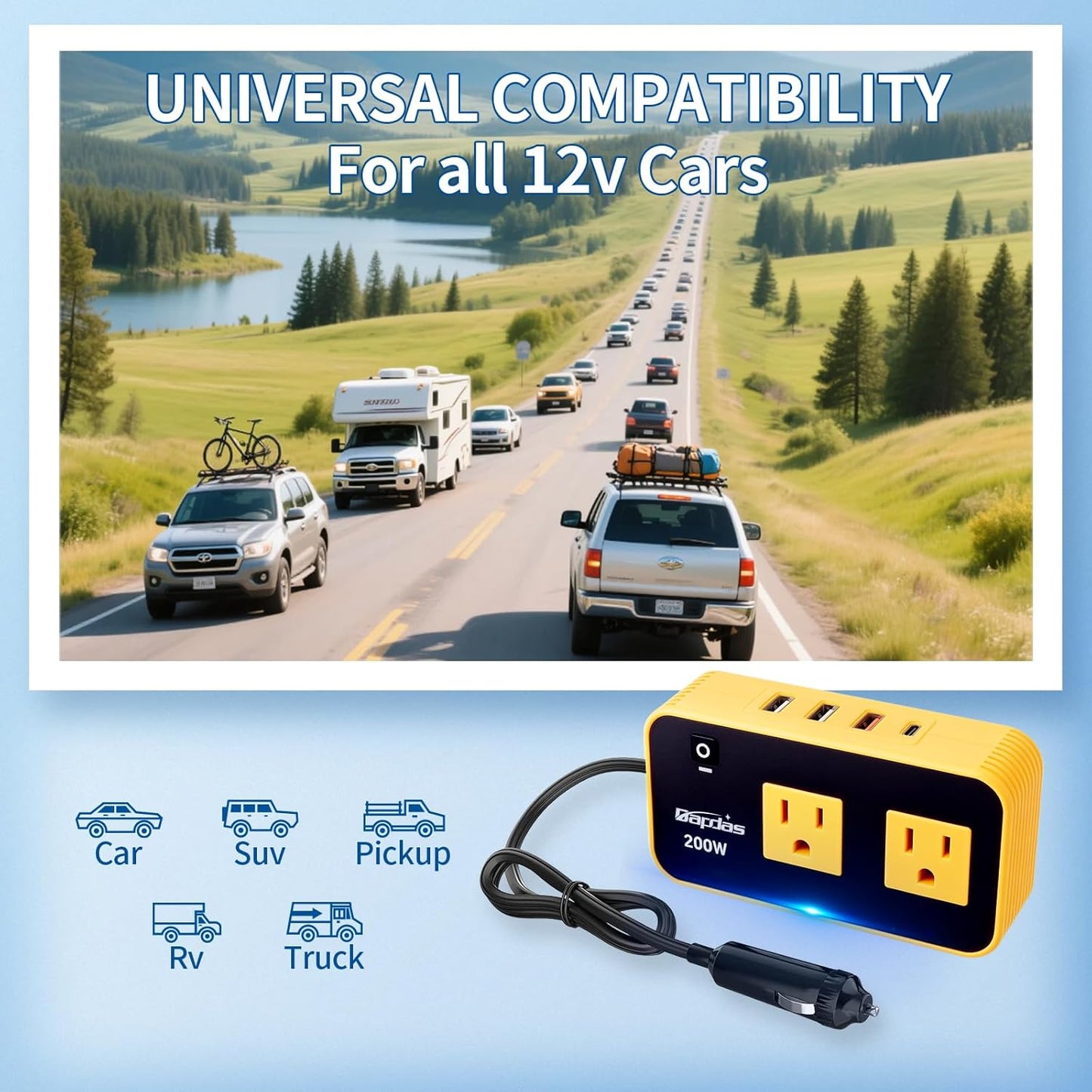 Bapdas 200W Car Power Inverter, DC 12V to 110V Car Charɡer Adapter with 20W USB-C/QC(18W)/4.8A Dual USB/Dual AC Outlet, Car Outlet Adapter Plug for Laptop