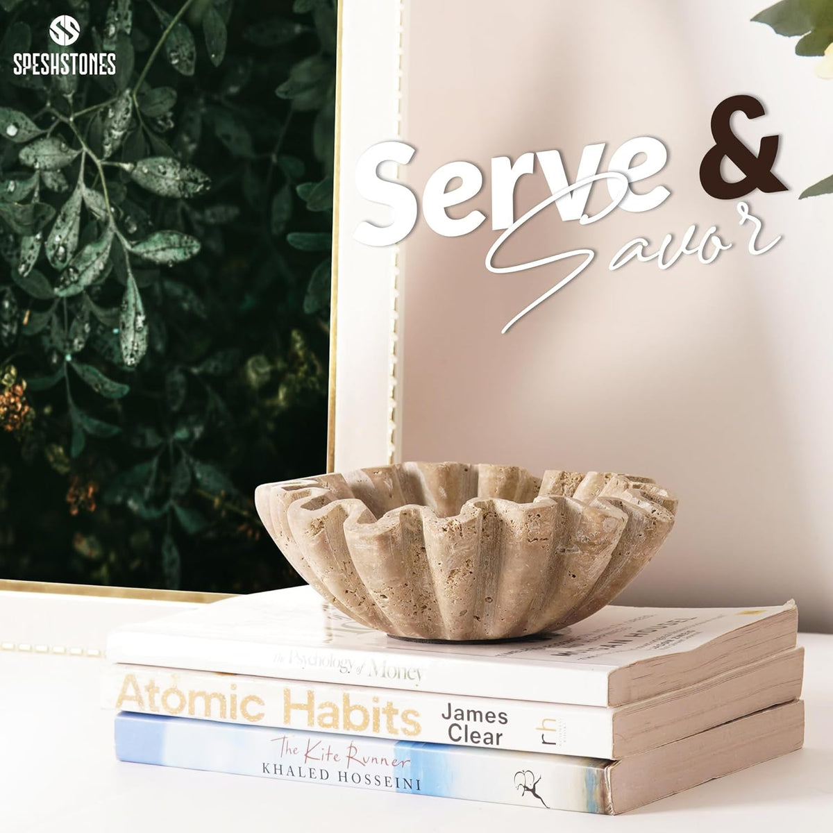Handmade Travertine Decorative Bowl | Ruffle Stone Bowl | Scalloped Key Bowl | Entryway Accent Bowl | Table Centerpiece Bowl - PuriLite