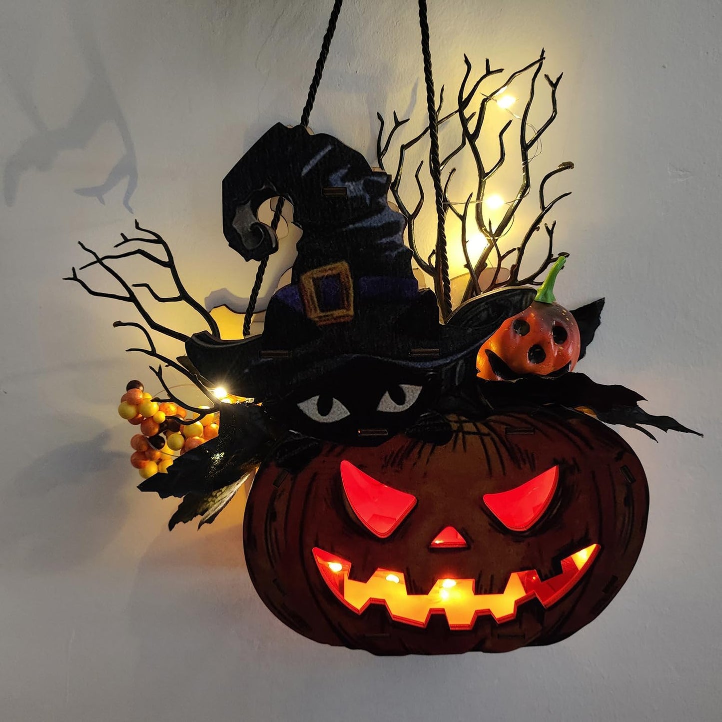 Halloween Pumpkin Lights Lantern with Black Maple Leaves Berries Hanging Decoration with Led Lights Battery Operated Halloween Decor for Home Outdoor Front Door Party