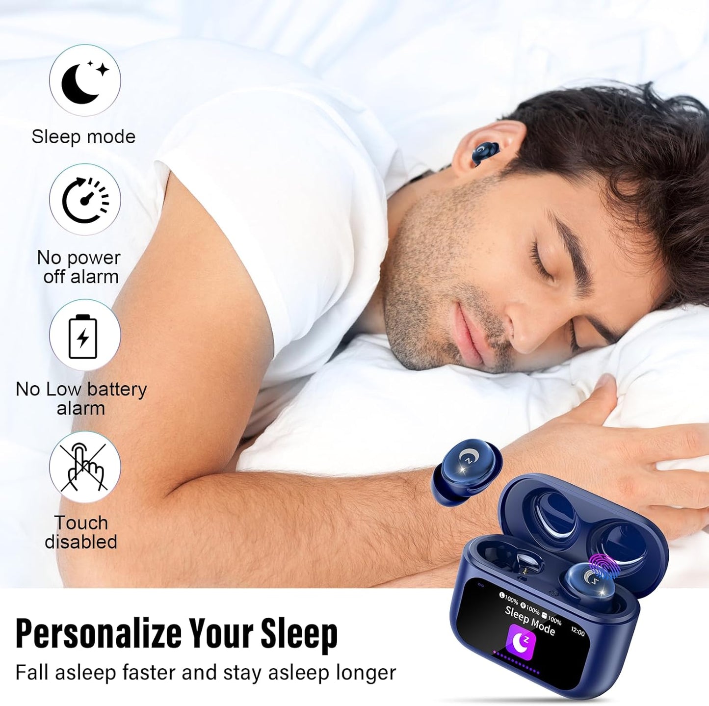 VEKJ Sleep Earbuds, Bluetooth 5.4 Mini Wireless Ear Euds with Multifunctional Touch Screen, 48H Bass Stereo Headphones with Sleep Mode/5 EQ Modes/ENC Noise Cancelling, IPX7 Earphones for iOS Android