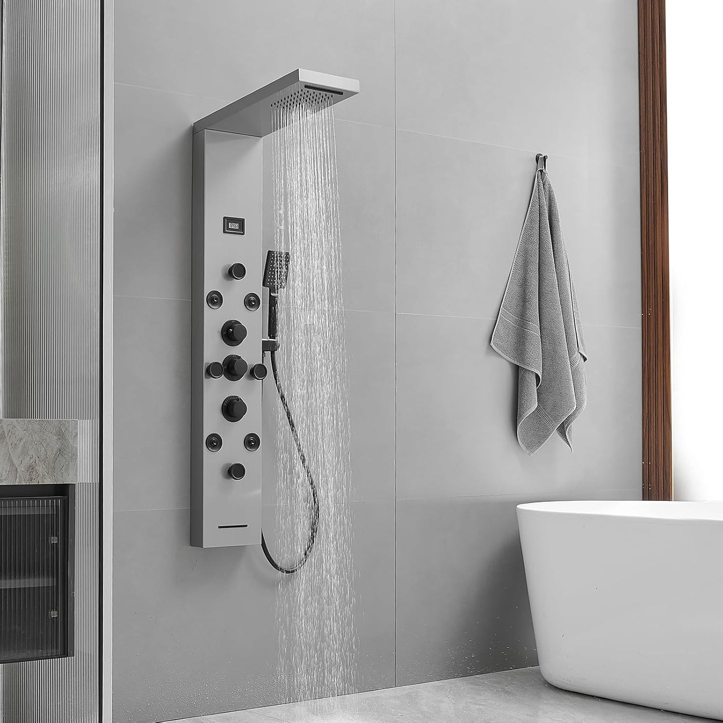 Bathfinesse Shower Tower Bathroom Shower Panel System Rain Massage System 6 in 1 Body Spray Jets Shower Wall Panels Rainfall Waterfall Shower Head Tub Spout with Temperature Display,Matte Black