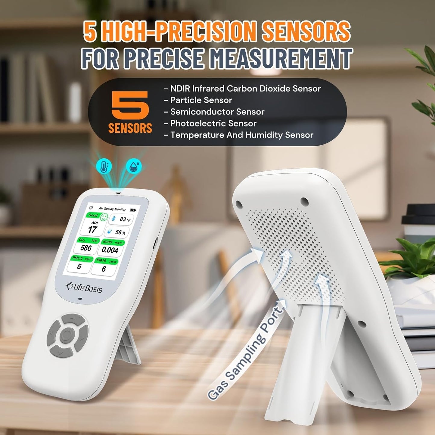 LifeBasis Air Quality Monitor Indoor, 10-in-1 Air Quality Detector with Stand, Real-Time Air Meter Test AQI, PM1.0, PM2.5, PM10, CO2, TVOC, HCHO, Particles, Temperature and Humidity with Alert -Black