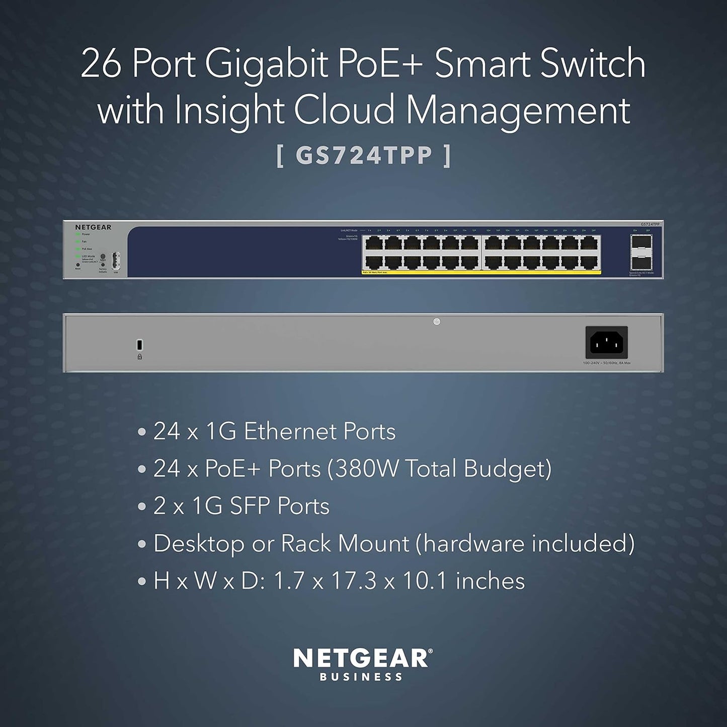 NETGEAR 26-Port PoE Gigabit Ethernet Smart Switch (GS724TP) - Managed, 24 x 1G, 24 x PoE+ @ 190W, 2 x 1G SFP, Optional Insight Cloud Management, Desktop or Rackmount, and Limited Lifetime Protection