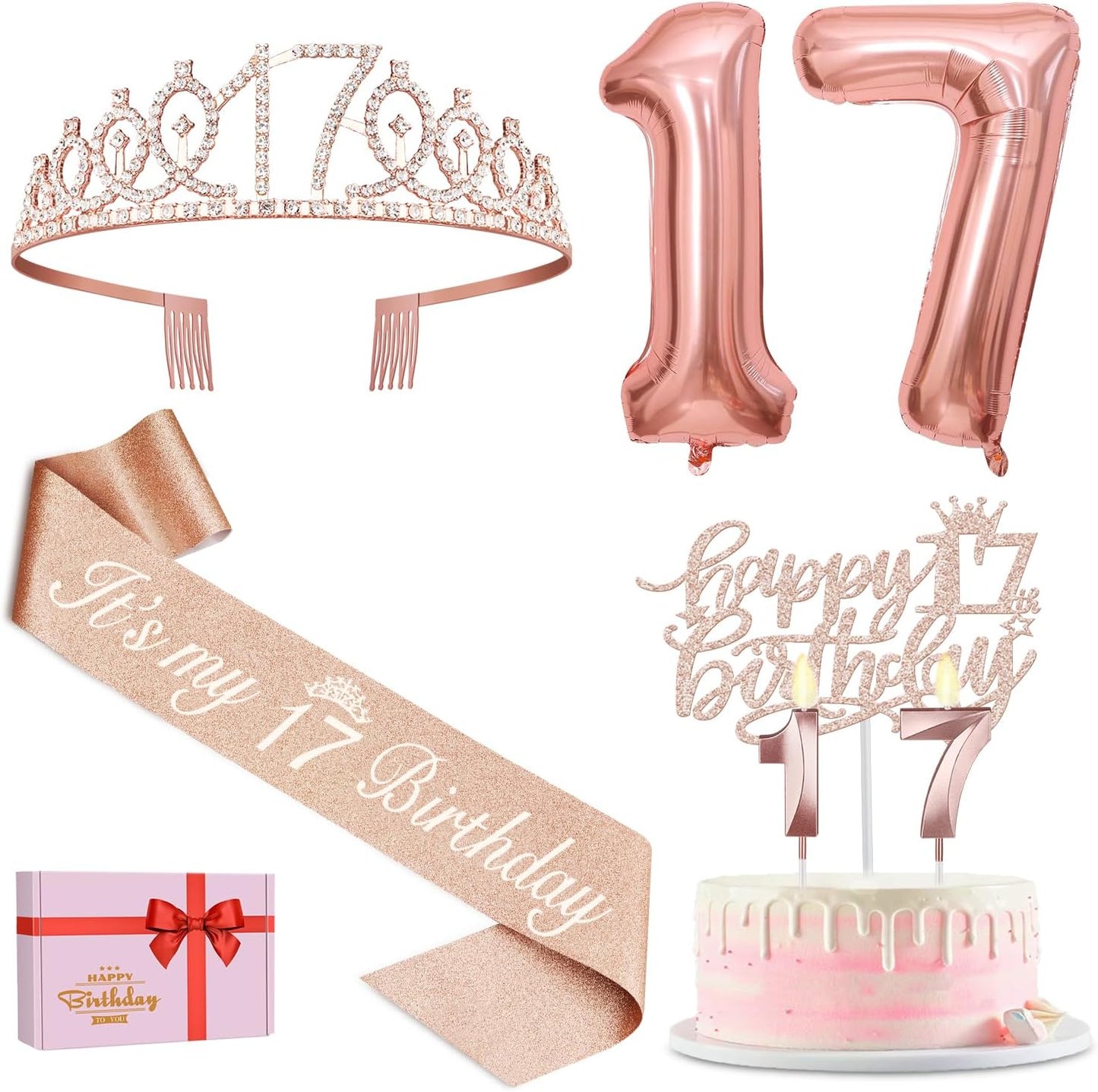 65th Birthday Decorations for Women, Including 65th Birthday Sash and Crown, Cake Topper and Candles, Number Balloons Rose Gold, 65 Year Old Gifts for Women