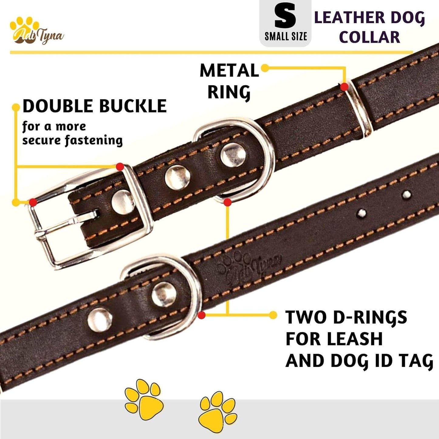 ADITYNA Heavy-Duty Leather Dog Collar for Medium Dogs - Soft and Strong, 100% Genuine Leather - Collier Pour Chien (Medium: Fit 13" - 20" Neck, Brown)