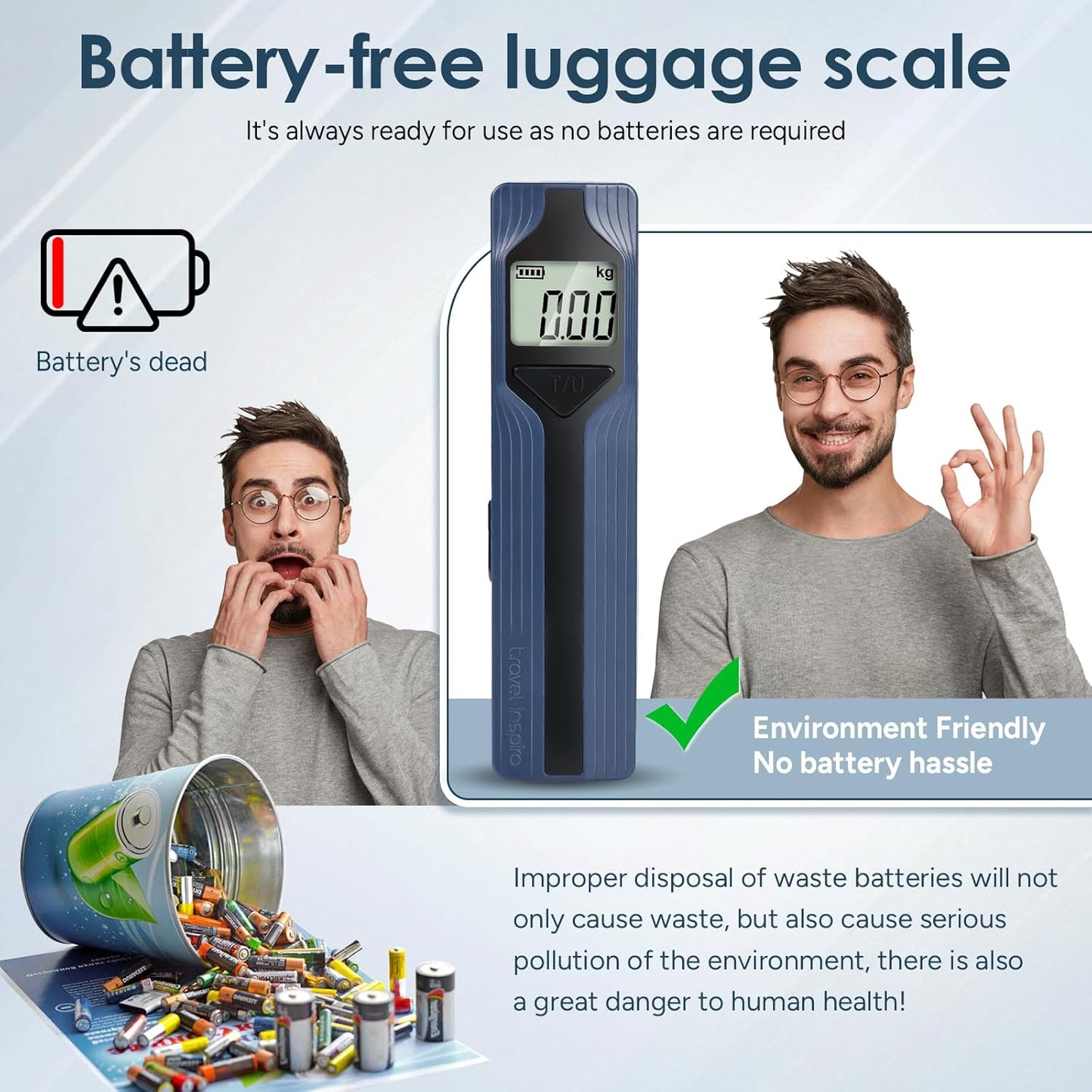 travel inspira Luggage Scale Battery-Free, Travel Essentials, Portable Handheld Digital Suitcase Weight Scale for for Travel Accessories, 110lbs/50kg (Gray)