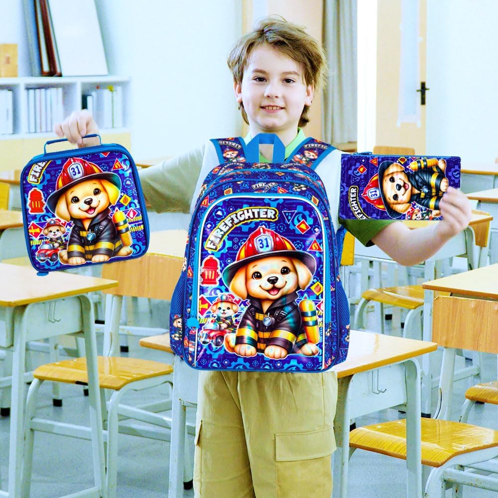 3pcs Backpack for Boys and Girls, 16” Kids Kindergarten Bookbag with Lunch Box, Cute Elementary Backpacks for Boy Girl