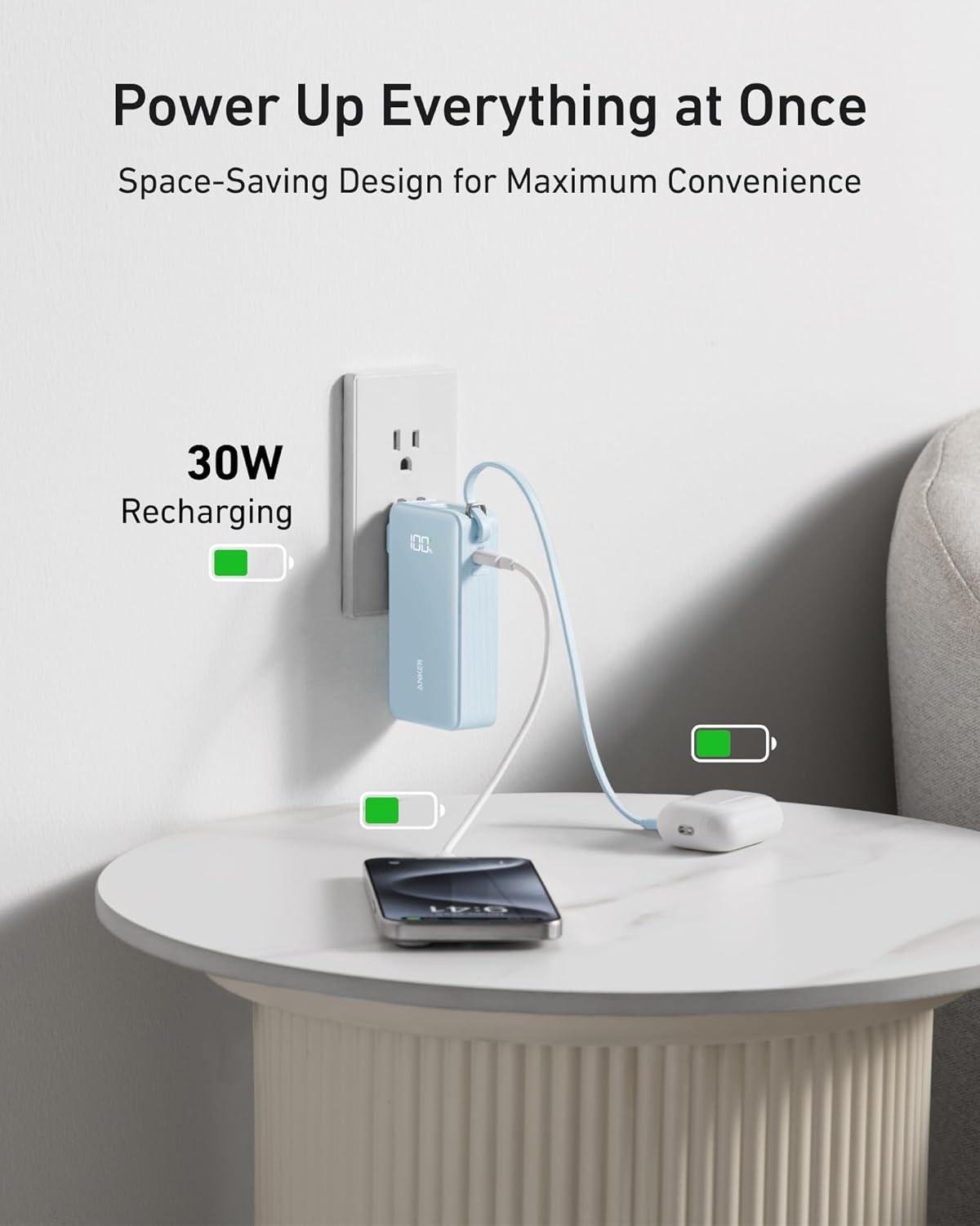 ANKER Nano 3-in-1 Power Bank, Foldable AC Plug, 10,000mAh, 30W Two-Way Fast Charging, Built-in Lightning Cable (Not for iPhone 16/15 Series), Compatible with iPhone 14 Series, AirPods, and More