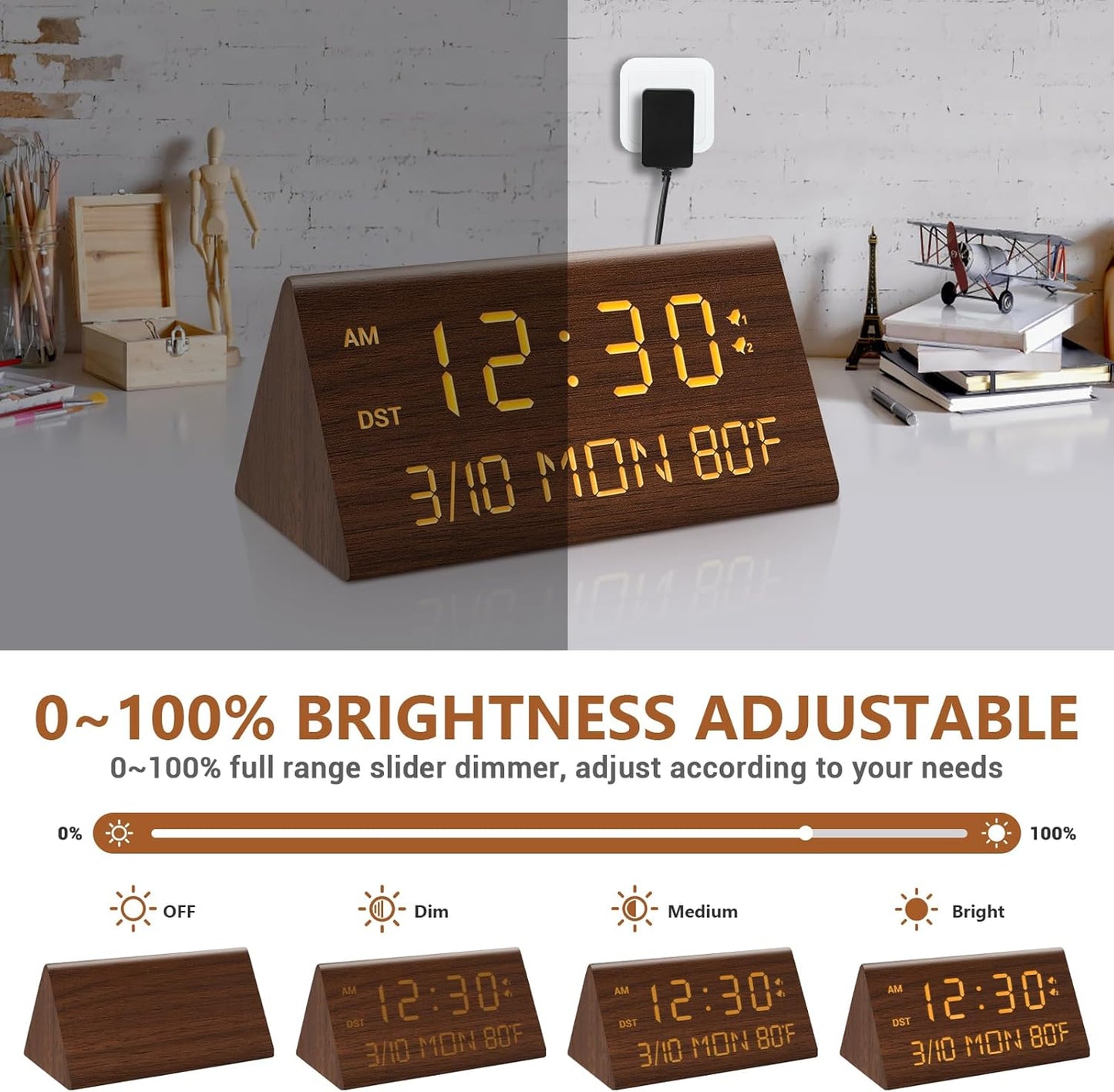 Kogonee Wooden Digital Alarm Clock, 0-100% Dimmer, 2 Alarm Settings, Weekday/Everyday Mode, 9 Mins Snooze, 12/24H, Temperature and Date Display for Office, Travel, Bedroom Alarm Clock (White)