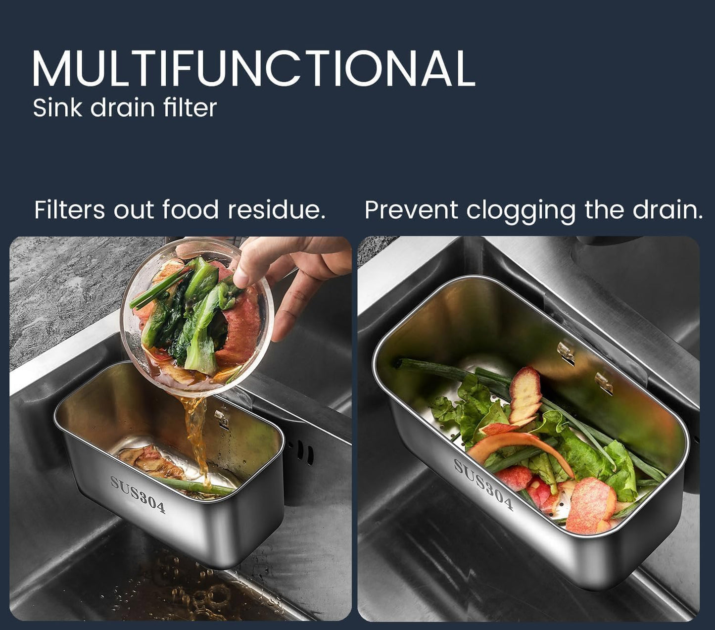 Kitchen Sink Strainer Basket, Organizer & Filter – 304 Stainless Steel Basket for Sponge Holder, Filtering Food Waste, Washing & Draining Fruits and Vegetables