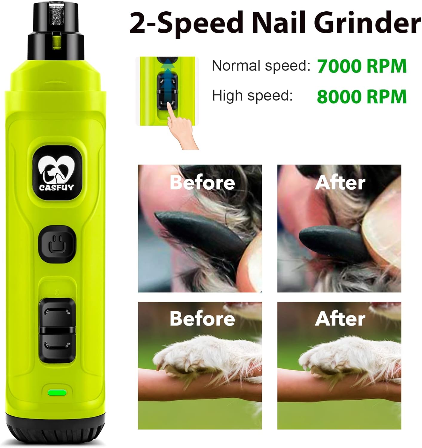 Casfuy Dog Nail Grinder with 2 LED Light - New Version 2-Speed Powerful Electric Pet Nail Trimmer Professional Quiet Painless Paws Grooming & Smoothing for Small Medium Large Dogs and Cats (Blue)