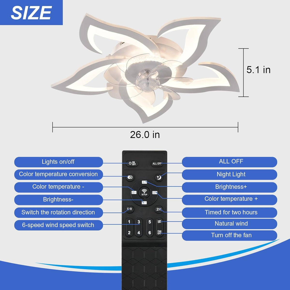 26" Geometric Ceiling Fan with Lights, 6 Speeds 3 Colors Ceiling Fan with Light Remote Control, White Low Profile Flush Mount Ceiling Fan for Kitchen Bedroom Living Room
