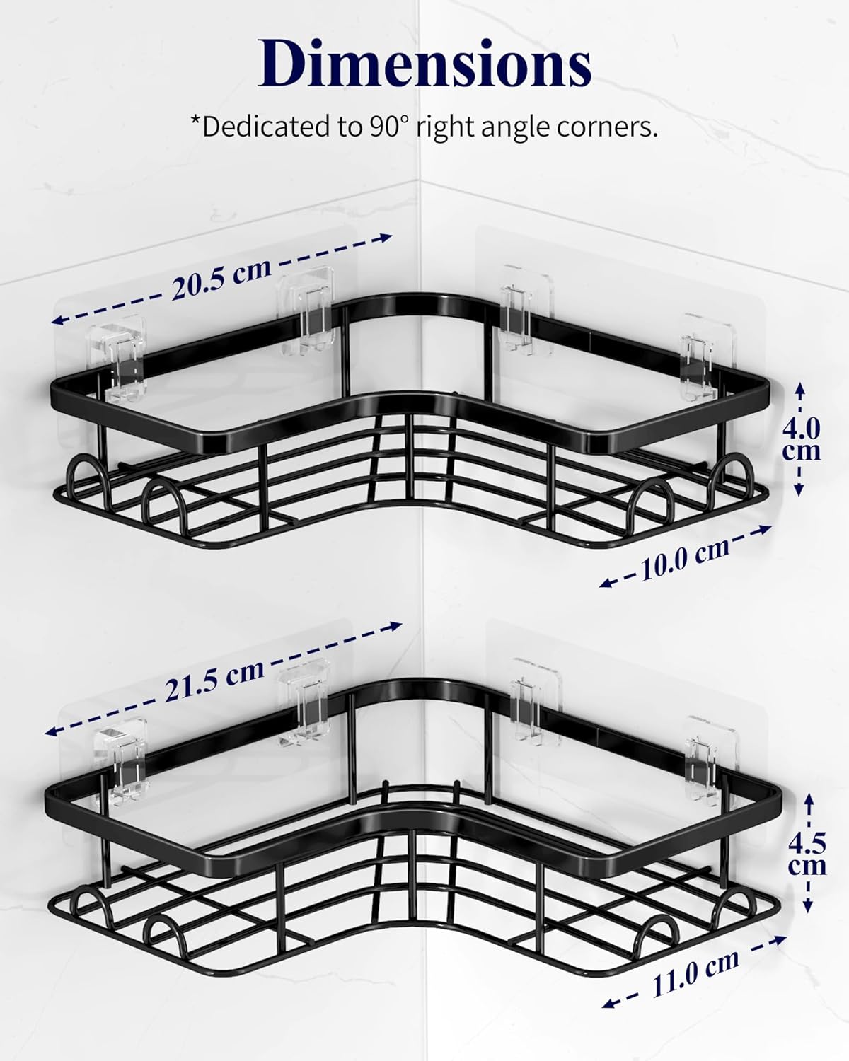 Kitsure Corner Shower Caddy - 2 Pack Rustproof Shower Organizer, Durable Shower Shelf with Large Capacity, Drill-Free Adhesive Bathroom Shelves with 4 Movable Hooks, 11.0 x 21.5 x 4.5cm, Black