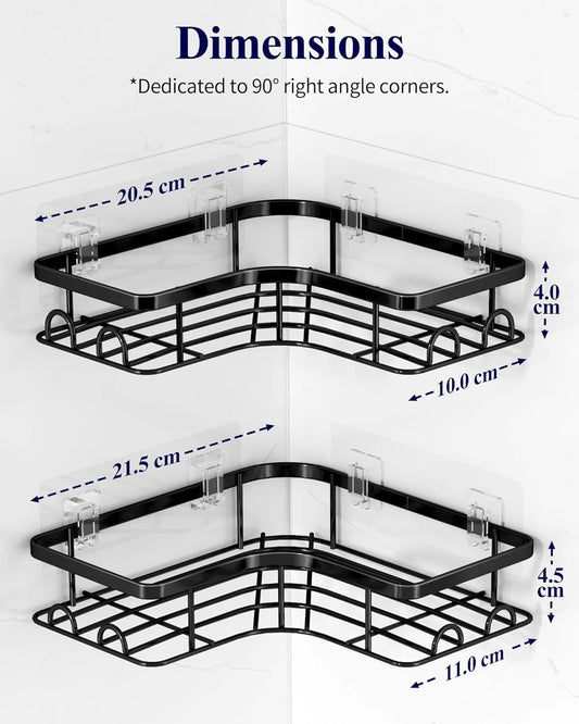 Kitsure Corner Shower Caddy - 2 Pack Rustproof Shower Organizer, Durable Shower Shelf with Large Capacity, Drill-Free Adhesive Bathroom Shelves with 4 Movable Hooks, 11.0 x 21.5 x 4.5cm, Black - PuriLite