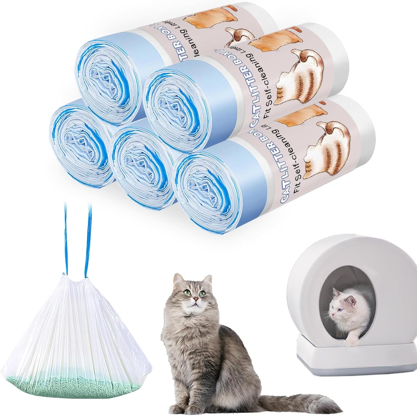 Joddguu 100 Count Self-Cleaning Cat Litter Box Liners Compatible With MW-SC01/MW-SC02/MW-LR01 Automatic Cat Litter Box, Drawstring Heavy Duty Kitty Litter Bags Replacement Trash Bag -18" x 12.6"