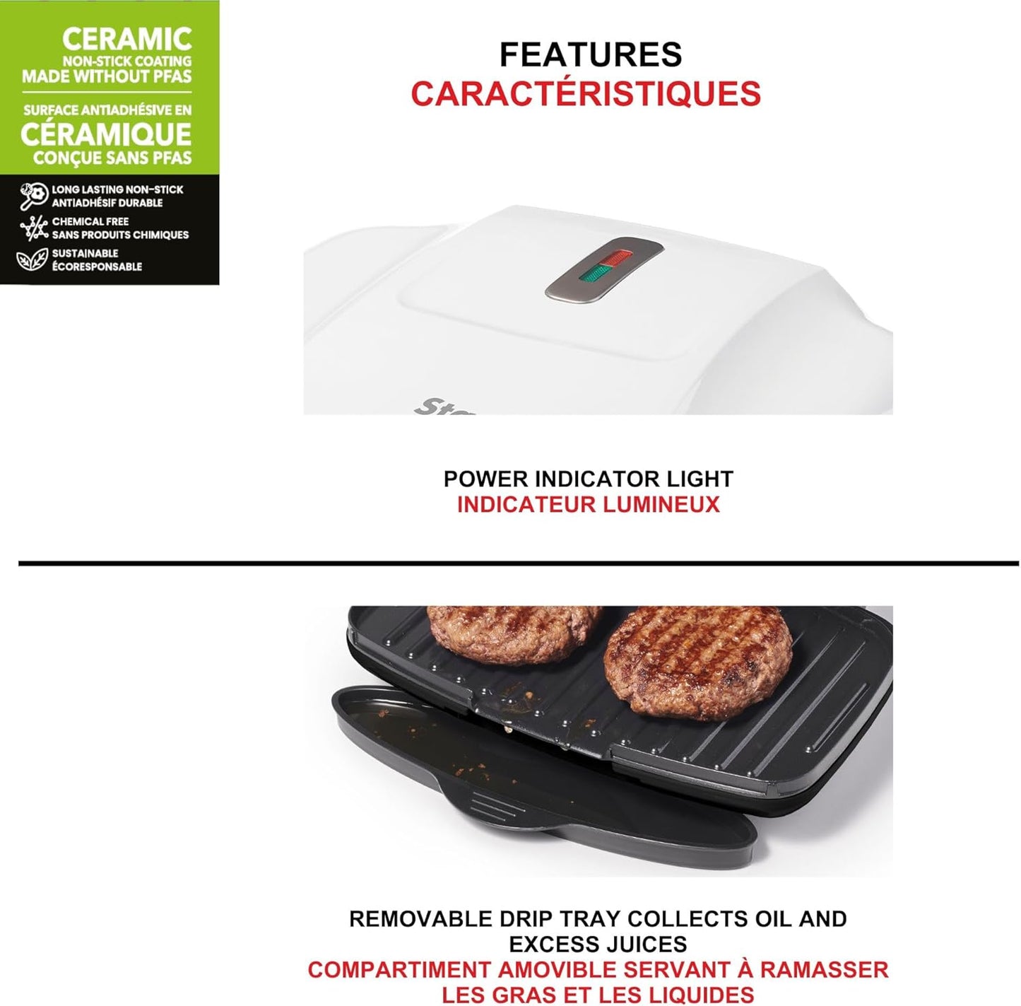 Starfrit Grill And Panini Press With Ceramic Coating - Non-Stick Coating - Removable Fat And Oil Collection - White