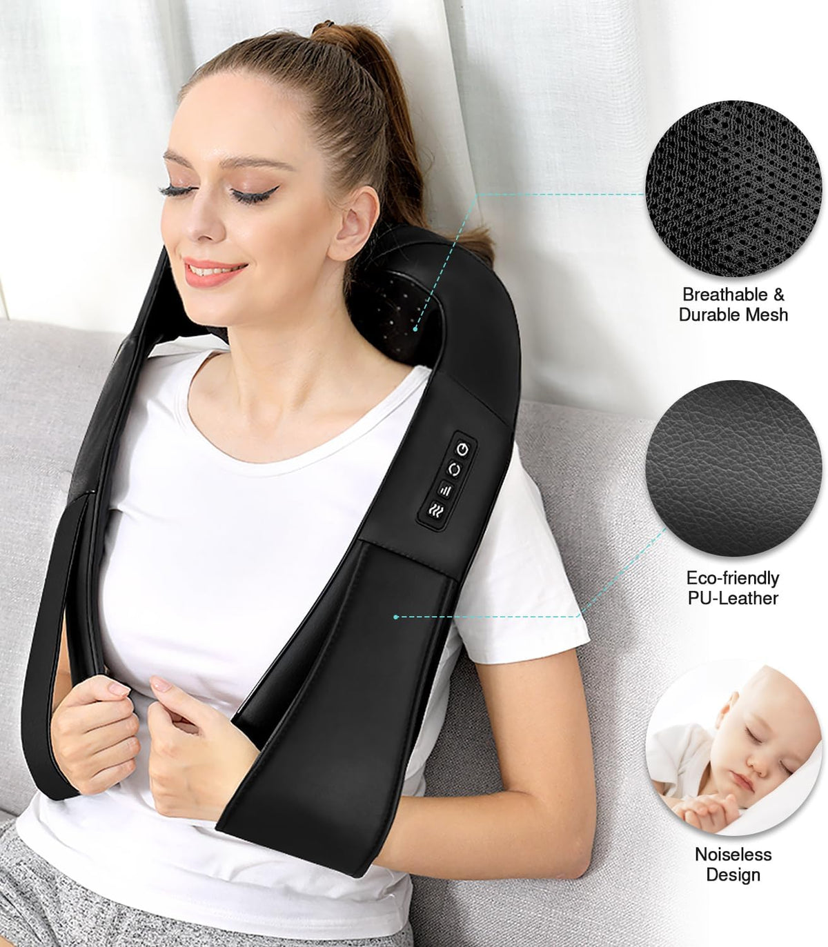 Neck Massager with Heat, Shiatsu Back Neck and Shoulder Massager - Gifts for Women/men/Mom/Dad - Electric Deeper Tissue 4D Kneading Massage, Use at Home, Office, Car - PuriLite