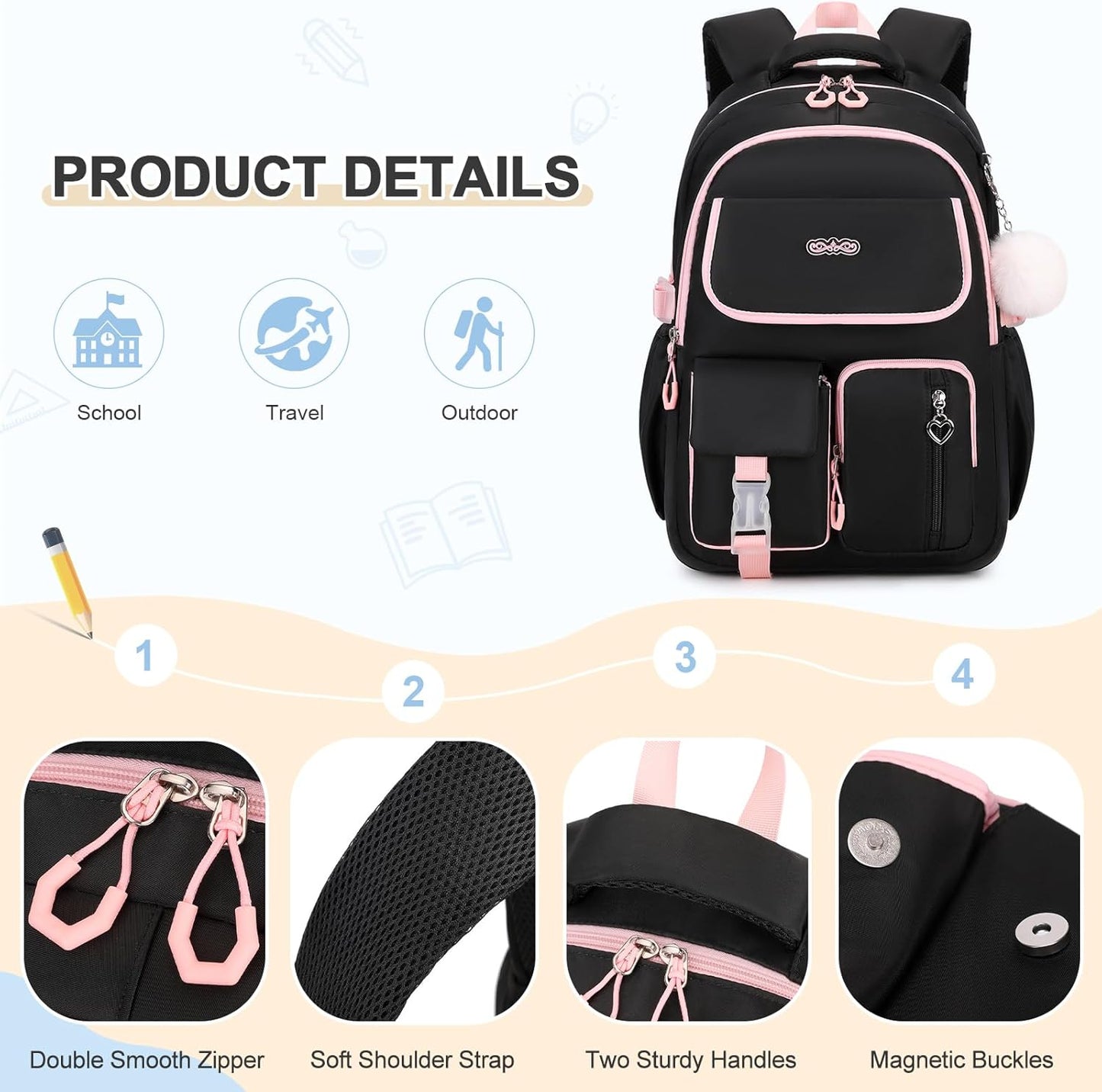 3PCS School Backpack for Girls with Lunch Box Pencil Pouch for Teen Girls Children Elementary Primary Middle High College Daypack School bag Bookbag Set Pink