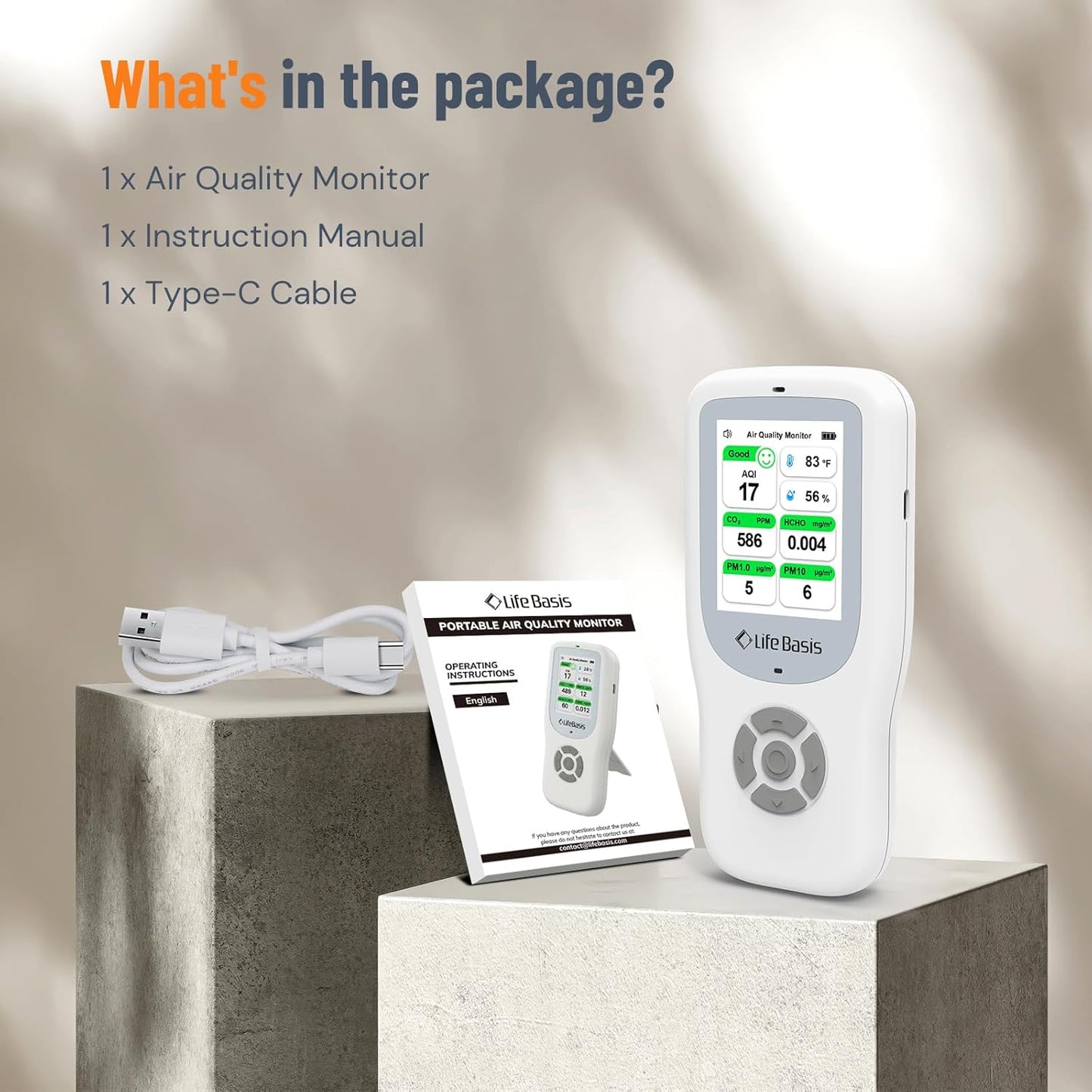 LifeBasis Air Quality Monitor Indoor, 10-in-1 Air Quality Detector with Stand, Real-Time Air Meter Test AQI, PM1.0, PM2.5, PM10, CO2, TVOC, HCHO, Particles, Temperature and Humidity with Alert -Black