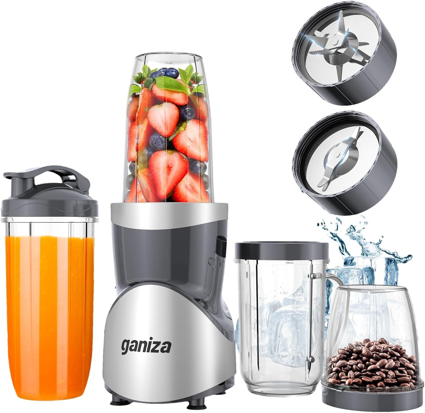Smoothie Blender, Ganiza Blenders for Smoothies with 15-Piece Blender and Grinder Combo, 4 BPA-Free Personal Blender Cup, for Shakes, Protein Drinks, Fruit Vegetable Drink, Nuts, Spices, Coffee Beans