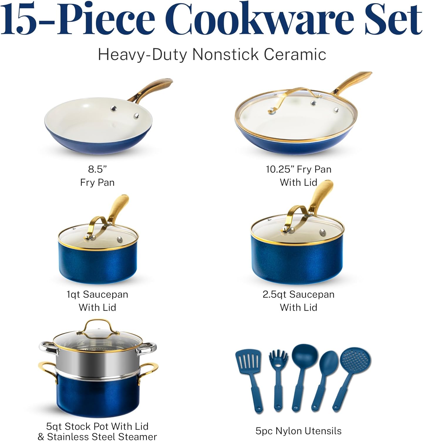 Gotham Steel 15 Pc Ceramic Pots and Pan Set, Non Stick Cookware Set with Steamer and Cooking Utensils, Non Toxic PFOA PFOS Free, Gold Stay Cool Handles, Oven and Dishwasher Safe