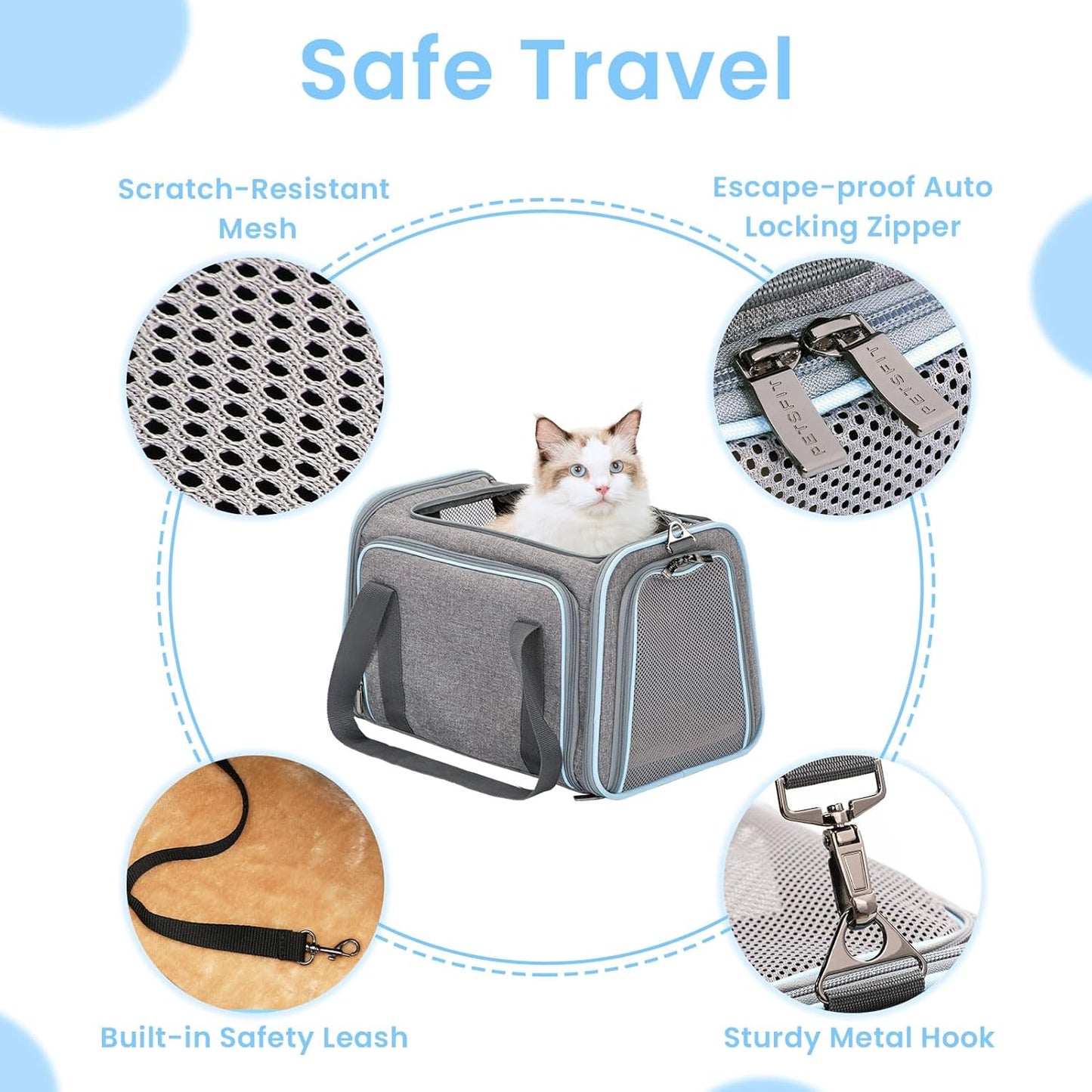 Petsfit Expandable Cat Dog Carrier Airline Approved, 17" L x 11" W x 11" H Soft-Sided Portable Pet Travel Carrier for Kitten, Puppy, Removable Soft Plush Mat and Pockets, Auto-Locking Zippers
