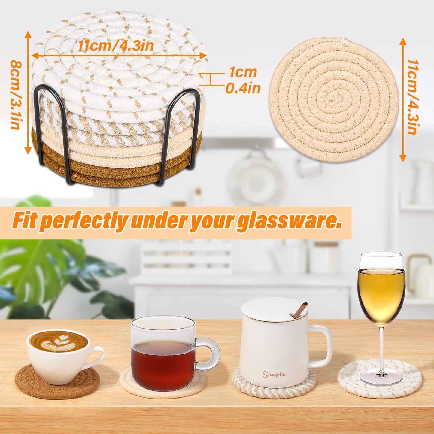 Mckanti Drink Coasters Set of 8, 4 Colors Absorbent Cotton Woven Round Coasters for Living Room Decor, Tabletop Protection Suitable for Kinds of Cups, 4.3 Inches
