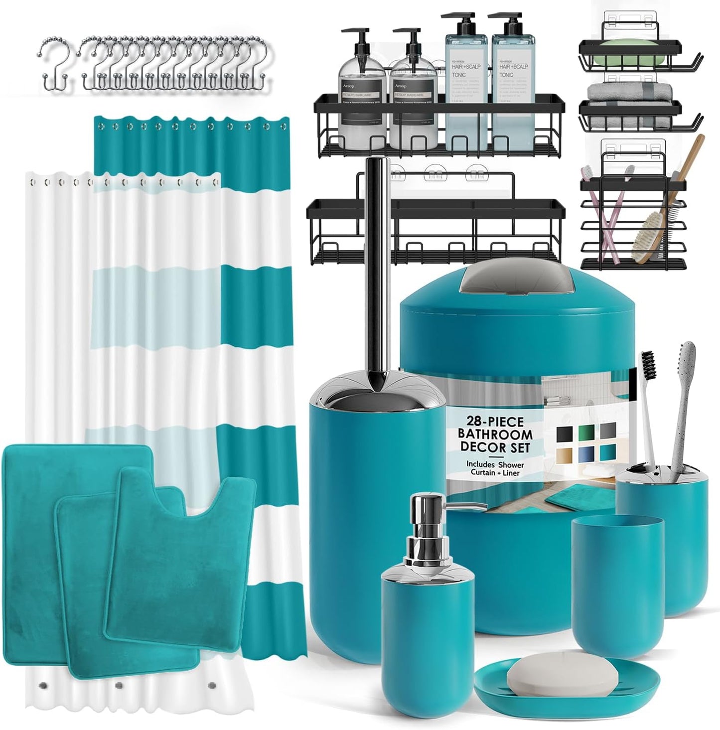 Clara Clark Bathroom Set - Gray Bathroom Accessories Set, Bathroom Sets with Shower Curtain and Rugs, 23PC Shower Curtain Set with Liner, Soap Dispenser, Soap Dish, Toilet Brush Holder, and Trash Can