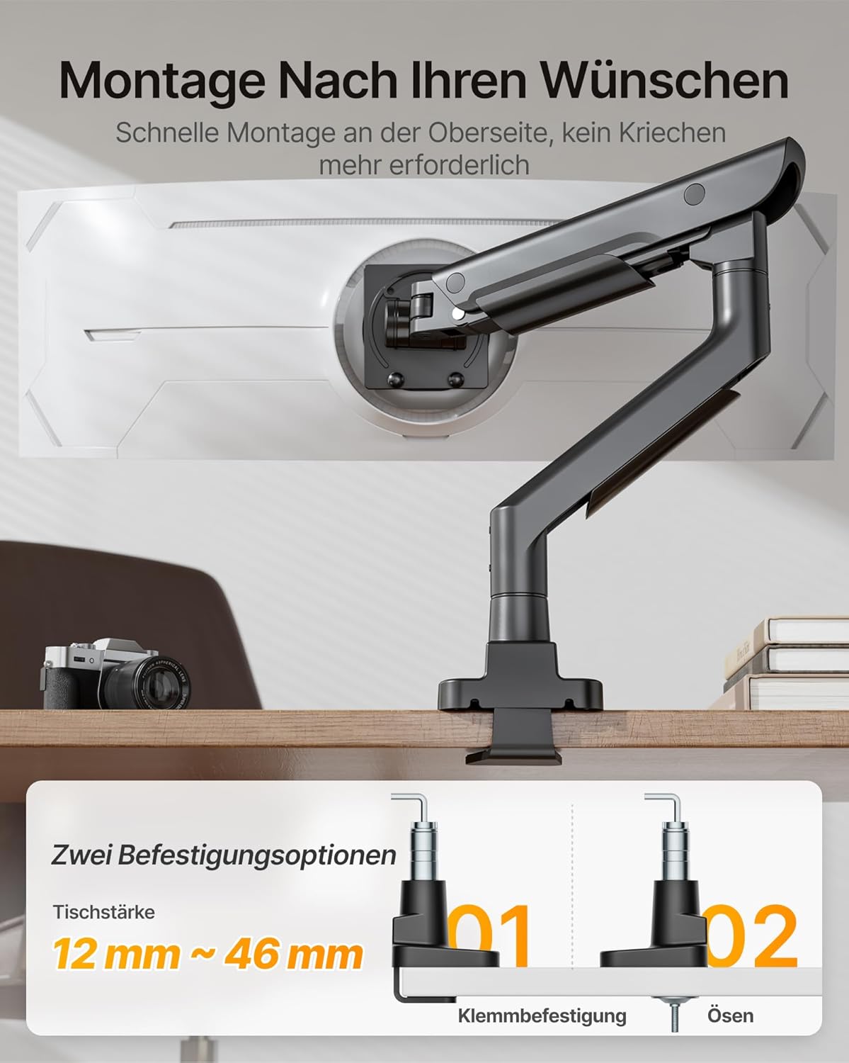 monTEK Premium Aluminum Monitor Arm for 17–57” Ultrawide Screens up to 59 lbs, USB 3.0 Single Desk Mount with Adjustable Gas Spring, Quick-Release Plate, 10-Min Assembly, Clamp/Grommet, VESA 100x100