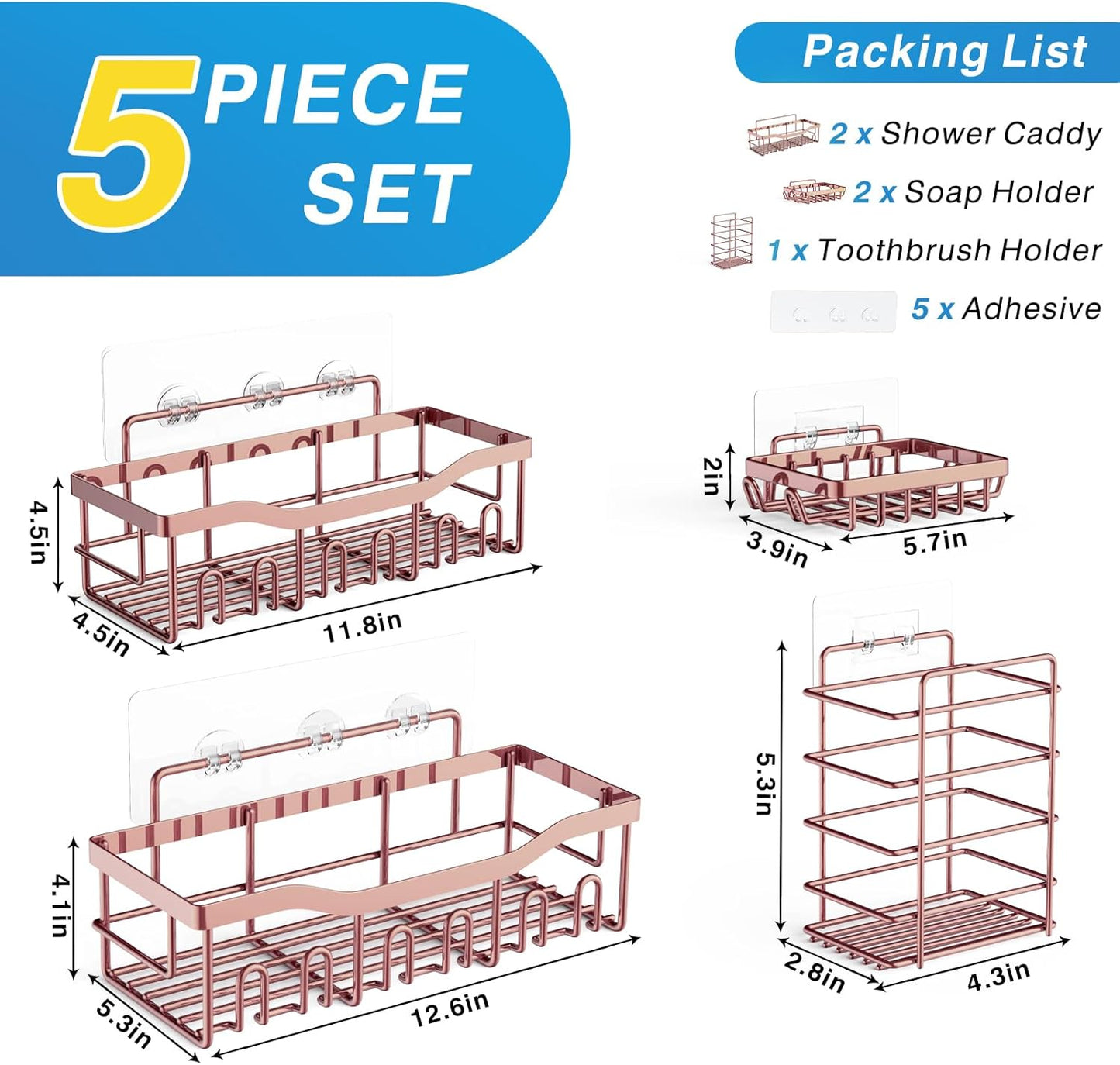 EUDELE 5-Pack Rustproof Stainless Steel Shower Caddy – No Drill Adhesive Bathroom Organizer with Large Capacity, Spacious Shower Shelves for Inside Shower, Kitchen & Home Decor Storage - PuriLite