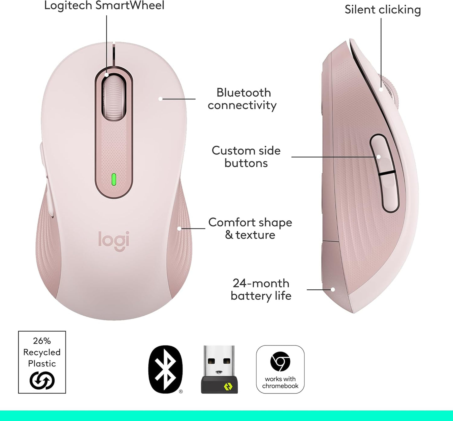 Logitech Signature M650 L Full Size Wireless Mouse - For Large Sized Hands, 2-Year Battery, Silent Clicks, Customizable Side Buttons, Bluetooth, for PC/Mac/Multi-Device/Chromebook - Black