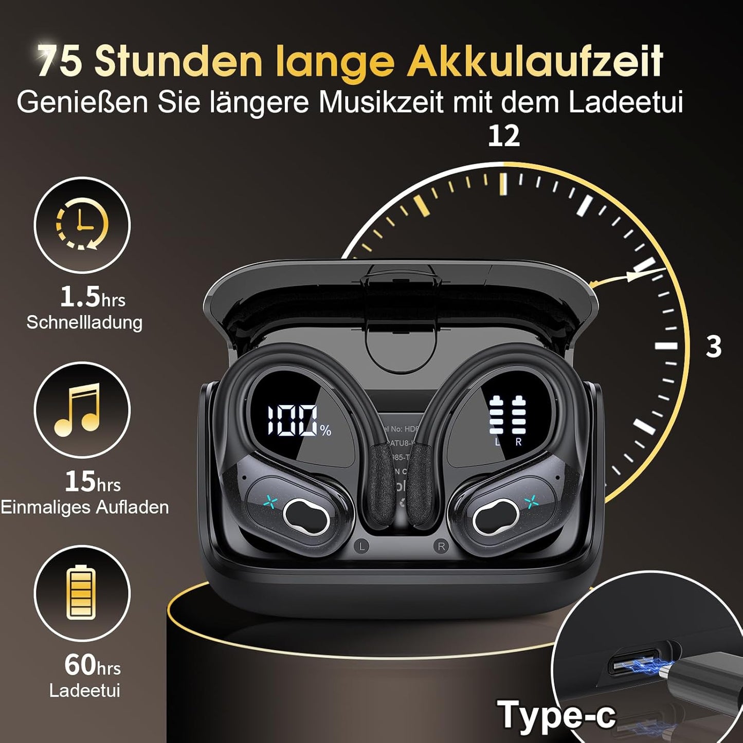 STECEi Wireless Earbuds 75hrs Bluetooth 5.4 Headphone Sport, Bluetooth Earbuds HiFi Stereo Over Ear Bud with Earhooks, ENC Noise Cancelling Mic, IP7 Waterproof Wireless Earphone for Workout/Running - PuriLite