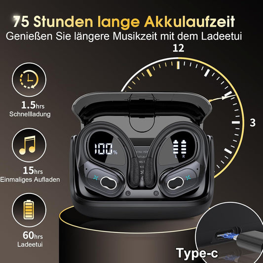 STECEi Wireless Earbuds 75hrs Bluetooth 5.4 Headphone Sport, Bluetooth Earbuds HiFi Stereo Over Ear Bud with Earhooks, ENC Noise Cancelling Mic, IP7 Waterproof Wireless Earphone for Workout/Running - PuriLite