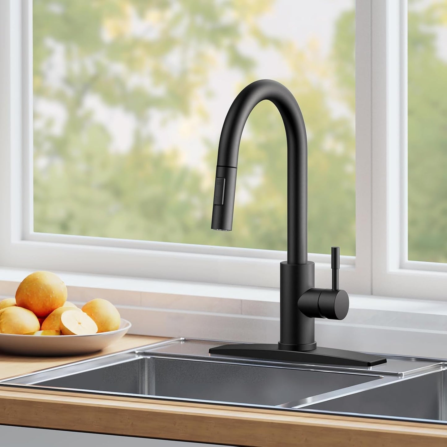 FORIOUS Kitchen Faucet with Pull Down Sprayer, Stainless Steel Single Handle Classic Sink Faucet 1 Or 3 Hole, Dual Function Faucet for Farmhouse, Camper, Laundry, Rv, Bar, Mattle Black