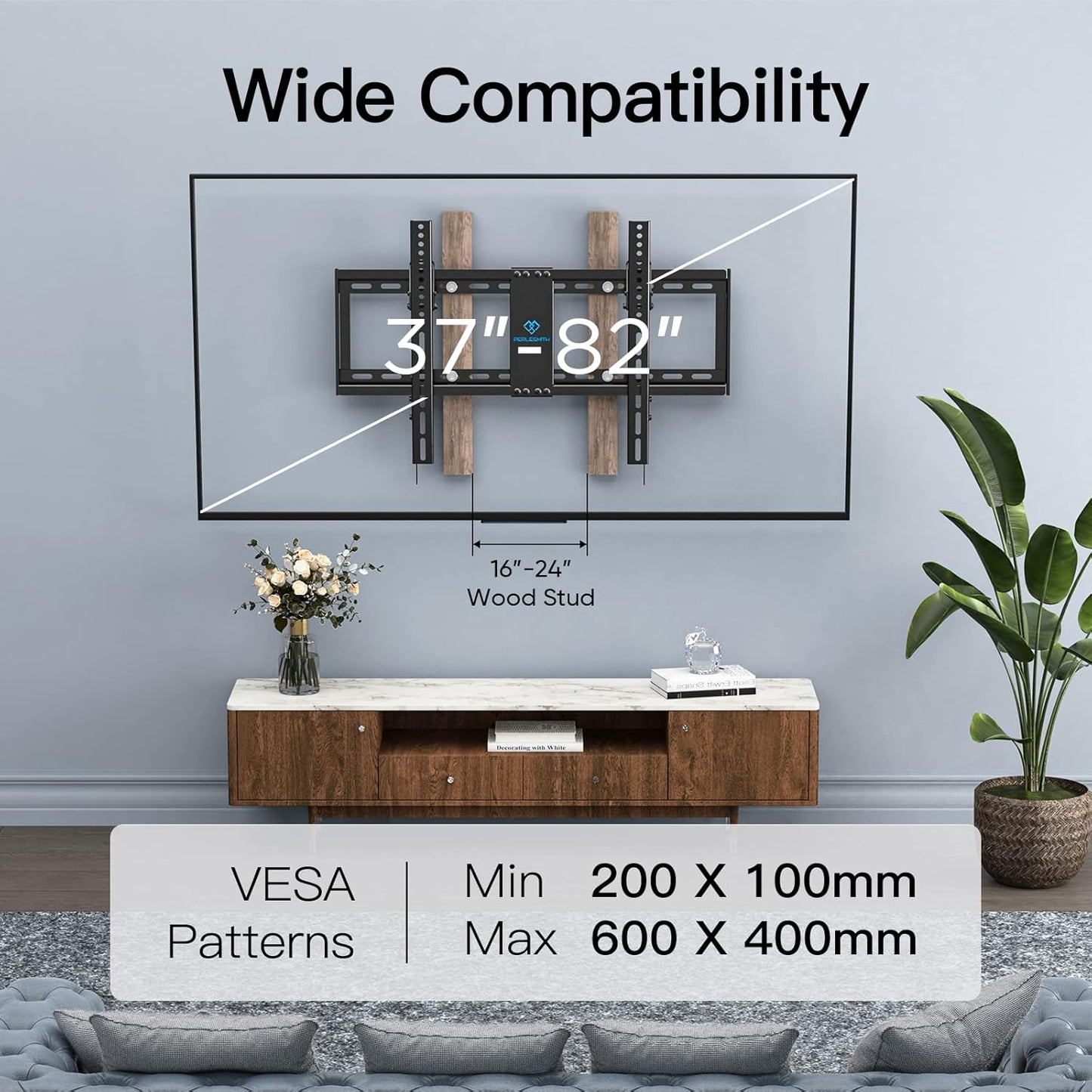 PERLESMITH Tilt TV Wall Mount for 37-82 Inch Flat Curved TVs up to 132lbs, Large Low Profile Tilting TV Mount max VESA 600x400mm, Ultra Slim Space Saving wall mount tv bracket Fits 16”- 24” Wood Studs