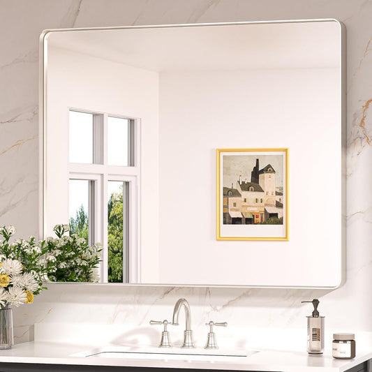 Keonjinn 42 x 36 Brushed Nickel Bathroom Vanity Mirror, Large Rounded Rectangle Bathroom Mirrors for over Sink, Metal Framed Silver Mirror for Wall, Shatterproof HD Tempered Glass(Horizontal/Vertical) - PuriLite