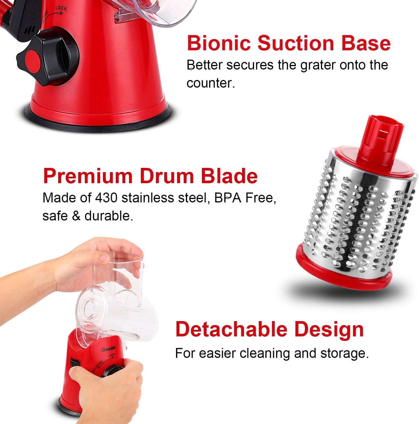 Geedel Kitchen Cheese Grater, Rotary Mandoline Vegetable Slicer with Interchangeable Blades, Easy to Use Rotary Grater Slicer for Fruit, Vegetables, Nuts