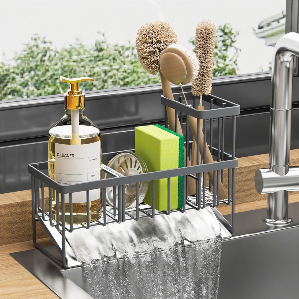 Cisily Kitchen Sink Caddy Organzier with High Brush Holder, Sponge Holder for Sink, 304 Rustproof Stainless, Kitchen Countertop Soap Dispenser Organizer, Kitchen Decor and Accessories (Black)