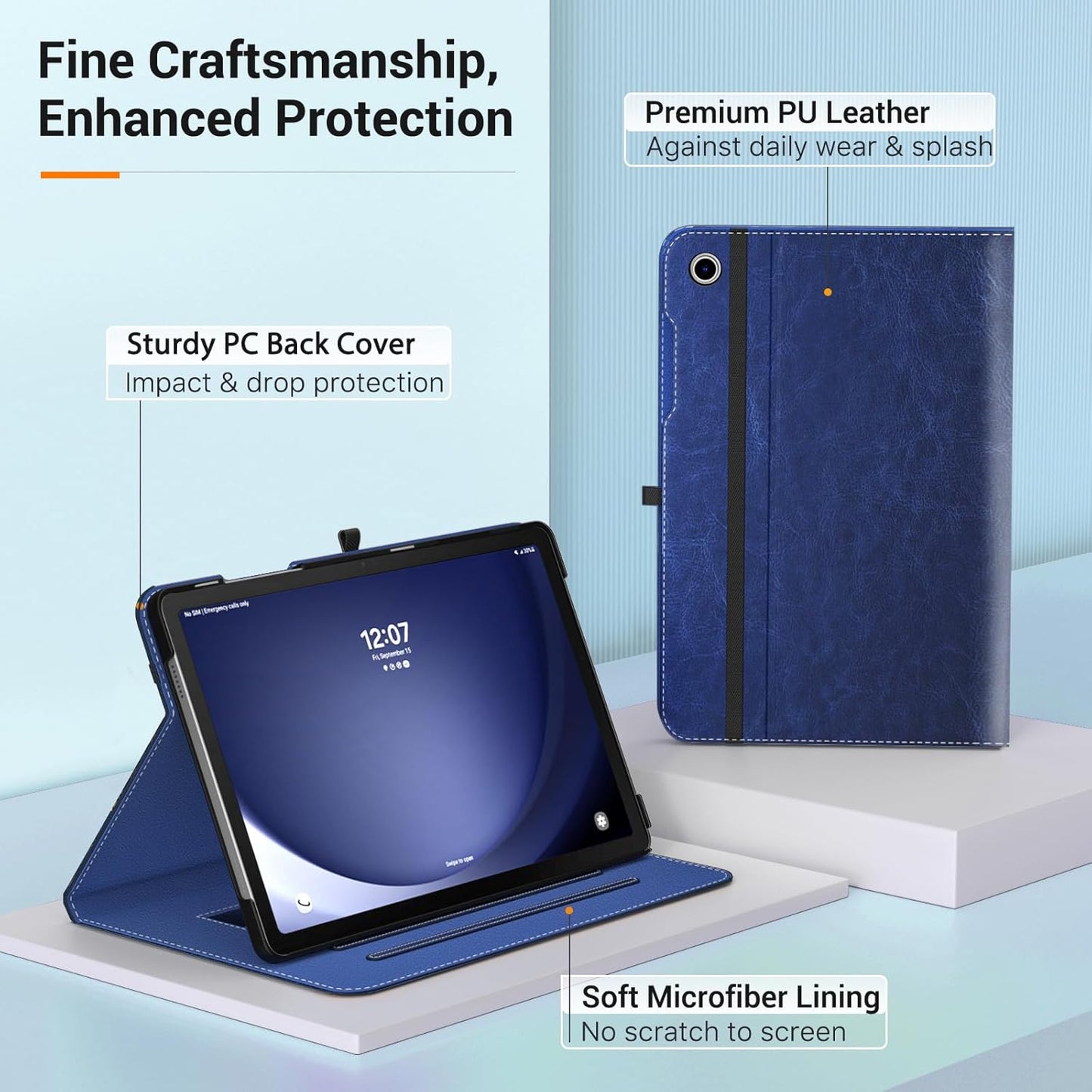 MoKo Case for Samsung Galaxy Tab A9 Plus 11" 2023 (SM-X210/SM-X216/SM-X218), PU Leather Multi-Angle Viewing Folding Stand Cover Case with Hand Strap, Front Pocket, Auto Wake/Sleep, Denim Blue & Brown
