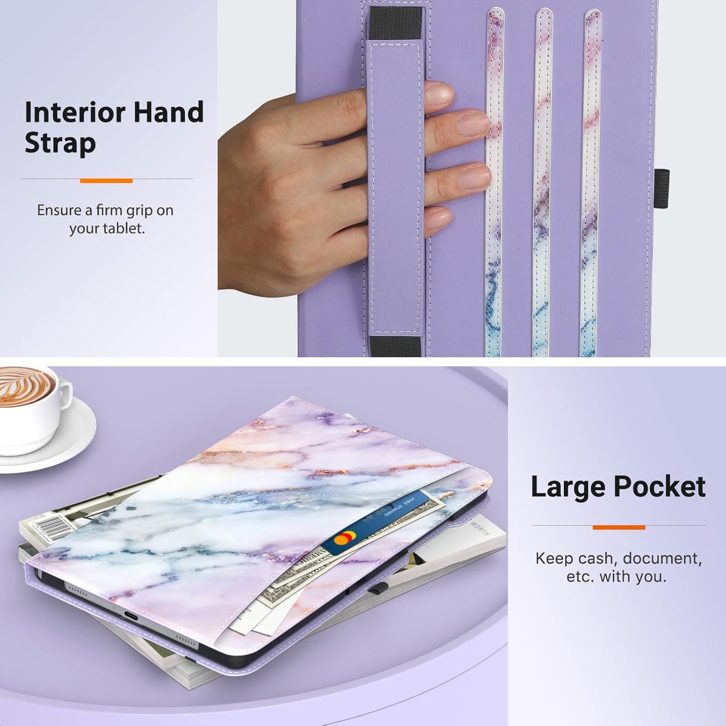 MoKo Case for Samsung Galaxy Tab A9 Plus 11" 2023 (SM-X210/SM-X216/SM-X218), PU Leather Multi-Angle Viewing Folding Stand Cover Case with Hand Strap, Front Pocket, Auto Wake/Sleep, Denim Blue & Brown