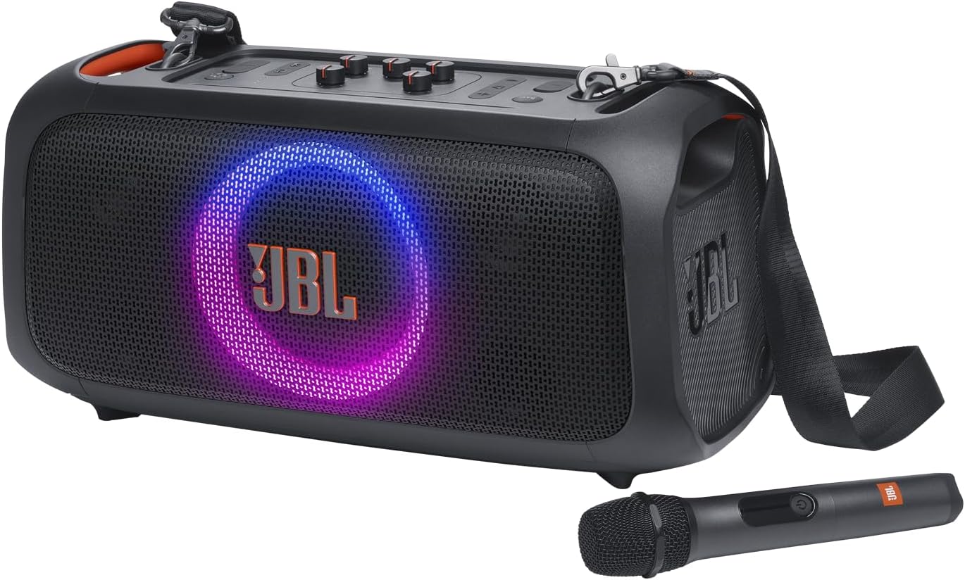 JBL PartyBox On-The-Go Essential - Portable Party Speaker with Built-in Lights and Wireless mic, Amazing JBL Pro Sound, IPX4 splashproof Protection, 6 Hours of Playtime, Convenient Shoulder Strap