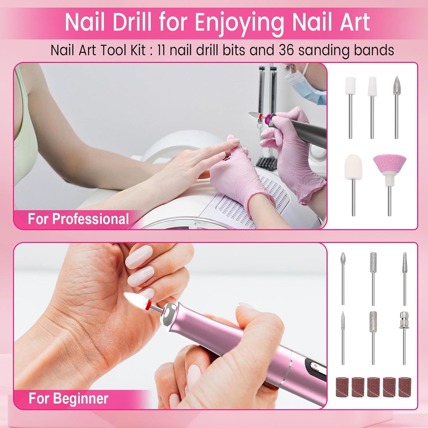 Cordless Electric Nail Drill 35000 RPM, Professional Portable Nail File for Acrylic Nails & Gel Polish Removal, Low Vibration & Heat E-file with 11 Drill Bits, Salon-Quality Manicure Pedicure Kit (Rose Pink)