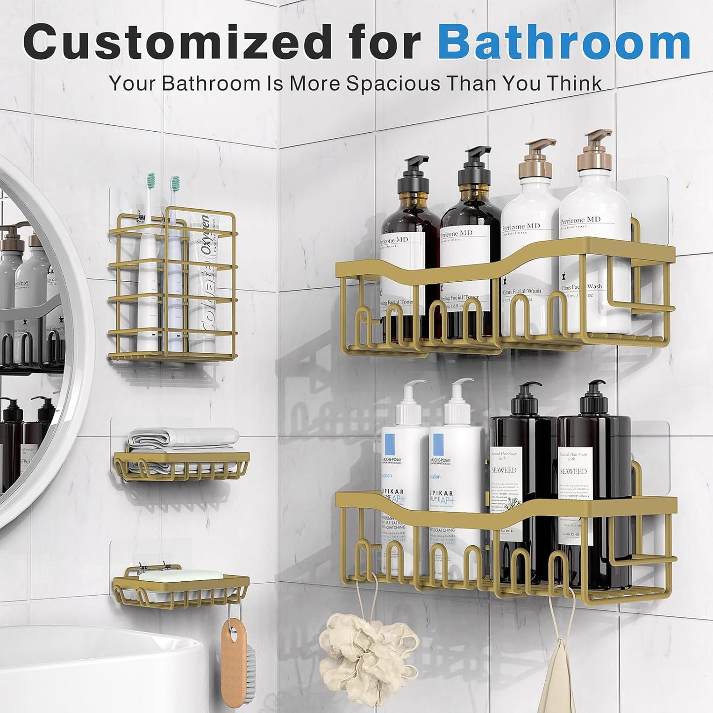 EUDELE 5-Pack Rustproof Stainless Steel Shower Caddy – No Drill Adhesive Bathroom Organizer with Large Capacity, Spacious Shower Shelves for Inside Shower, Kitchen & Home Decor Storage - PuriLite