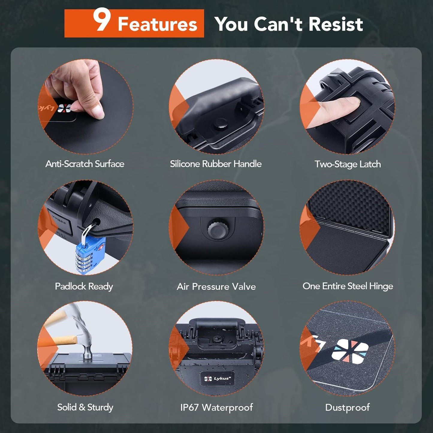 Lykus HC-3810 Waterproof Hard Case with Customizable Foam Insert, Interior Size 38x28x13.5cm, Suitable for Camera, Lens, Drone, mic, Flashlight, Telescope, Action cam, Electronics, Tools, and More