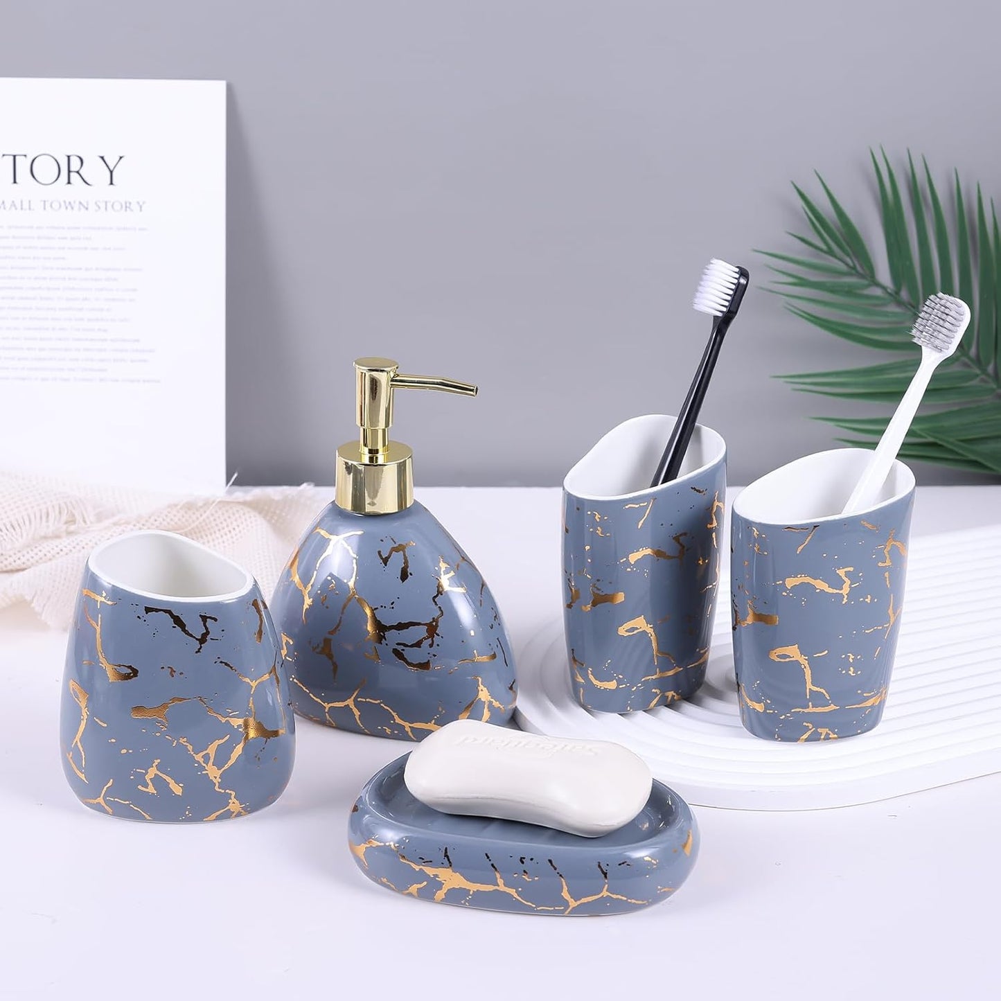White Bathroom Accessories Set,Modern Countertop Bathroom Decor,Luxury 6 Piece Bathroom Accessory Set,Complete with Soap Dispenser,Toothbrush Holder,Tumbler,Tray