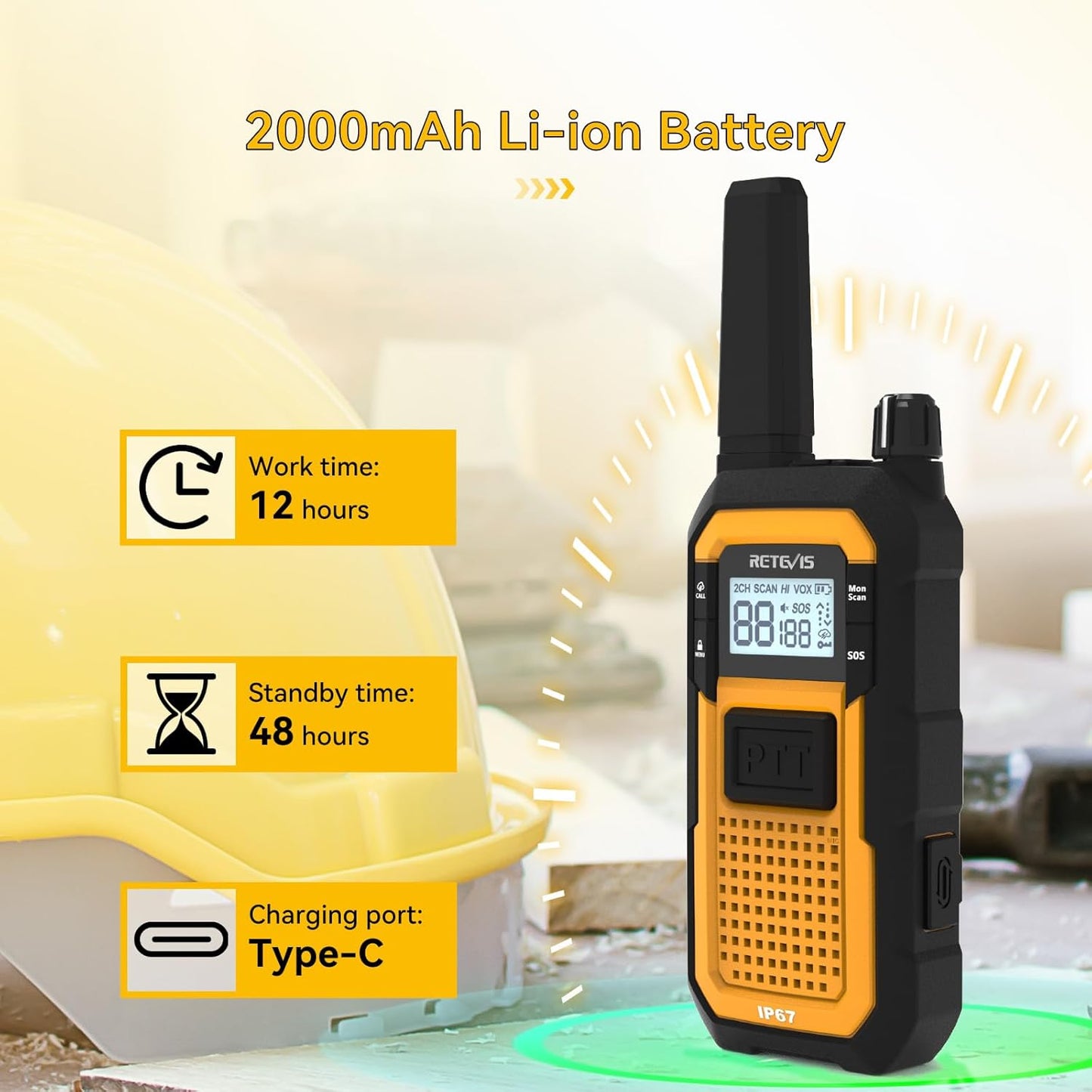 Retevis RB48 Walkie Talkies for Adults, Heavy Duty 2 Way Radios Long Range with Six-Way Charger, IP67 Waterproof, Shock Resistant, Dual PTT, 2000mAh Battery Two Way Radio,Jobsite Construction(6 Pack)