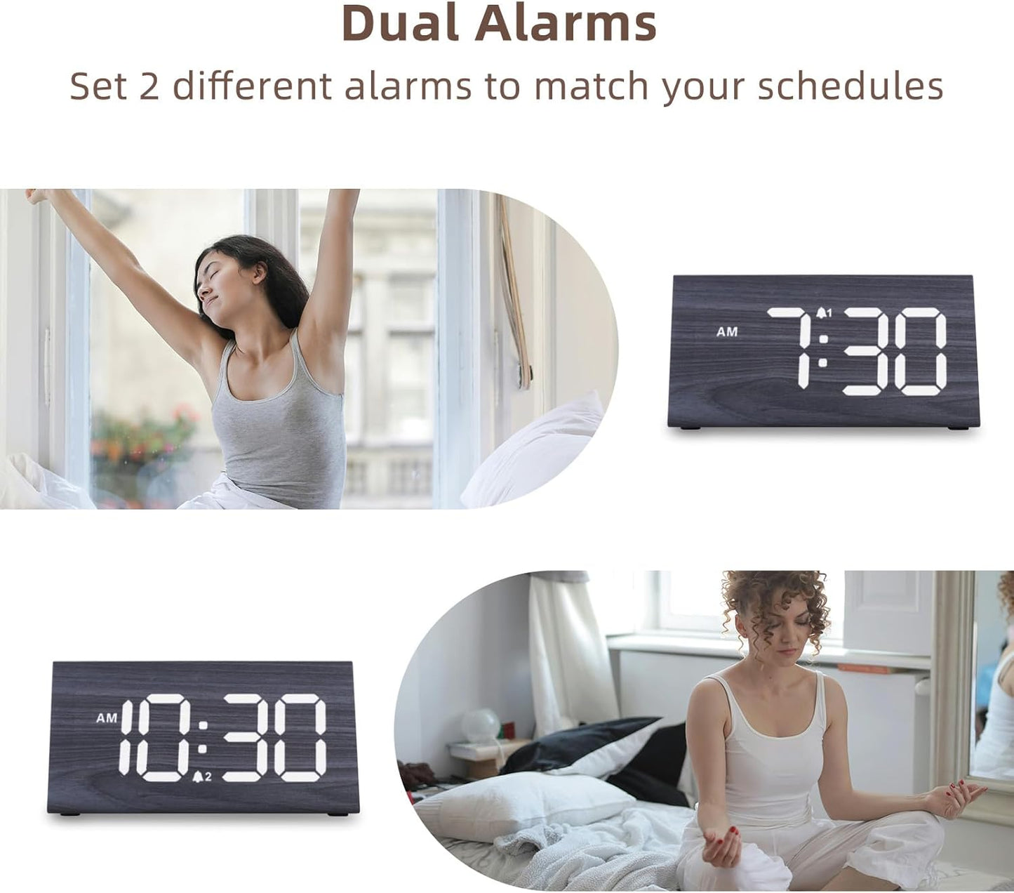 Odokee Wooden Digital Alarm Clock for Bedroom: Electric Desk Clock with Large LED Display - Brown