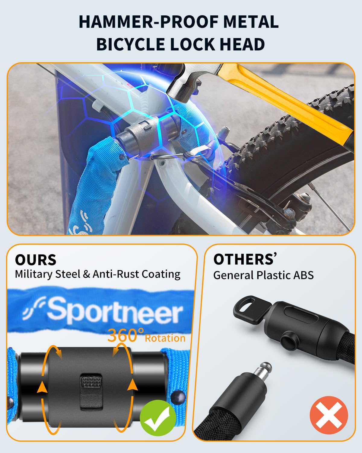 Sportneer Bike Lock Anti-Theft Bicycle Chain Lock Heavy Duty 0.32inch/8mm Thicker Motocycle Lock High Security with 2 Keys for Bike, Scooter, Moto, Door, Gate Fence