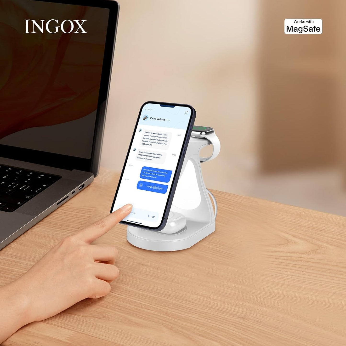 INGOX 4 in 1 Magnetic Wireless Charger Stand for iPhone 16 15 14 13 12 Pro/Max/Plus/Mini, AirPods Pro/3/2, and Watch 9/8/7/6/SE/5/4/3, Fast Charging Station, White Dolphin, 20W
